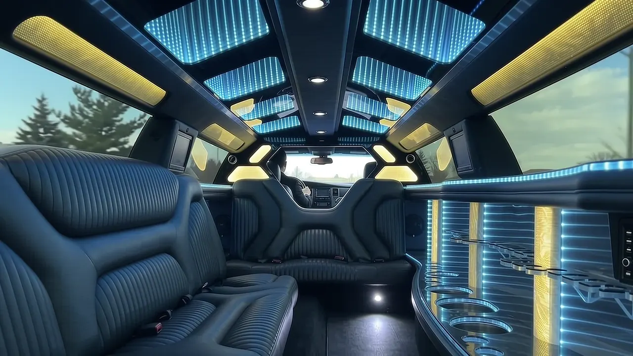 Inside the Dodge Charger limo in Colorado: LED light-show ceiling, leather lounge seating and lit bar